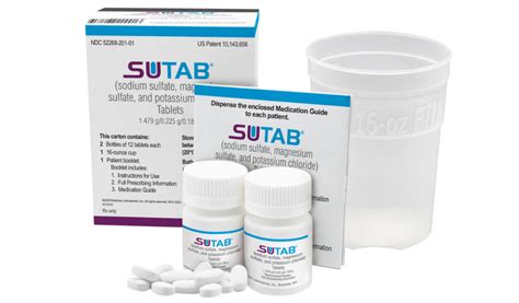 188 g bowel prep [24 tabs PO <b>in </b>divided doses] Info: give 12 tabs PO x1 and drink 16 oz of water over 15-20min evening before procedure, then drink 16 oz of water over 30min starting 1h after last tab ingested, then after another 30min drink 16 oz of water over 30min; on day of procedure, at least 4h after start of 1st dose and 5-8h before. . Is sutab available in canada